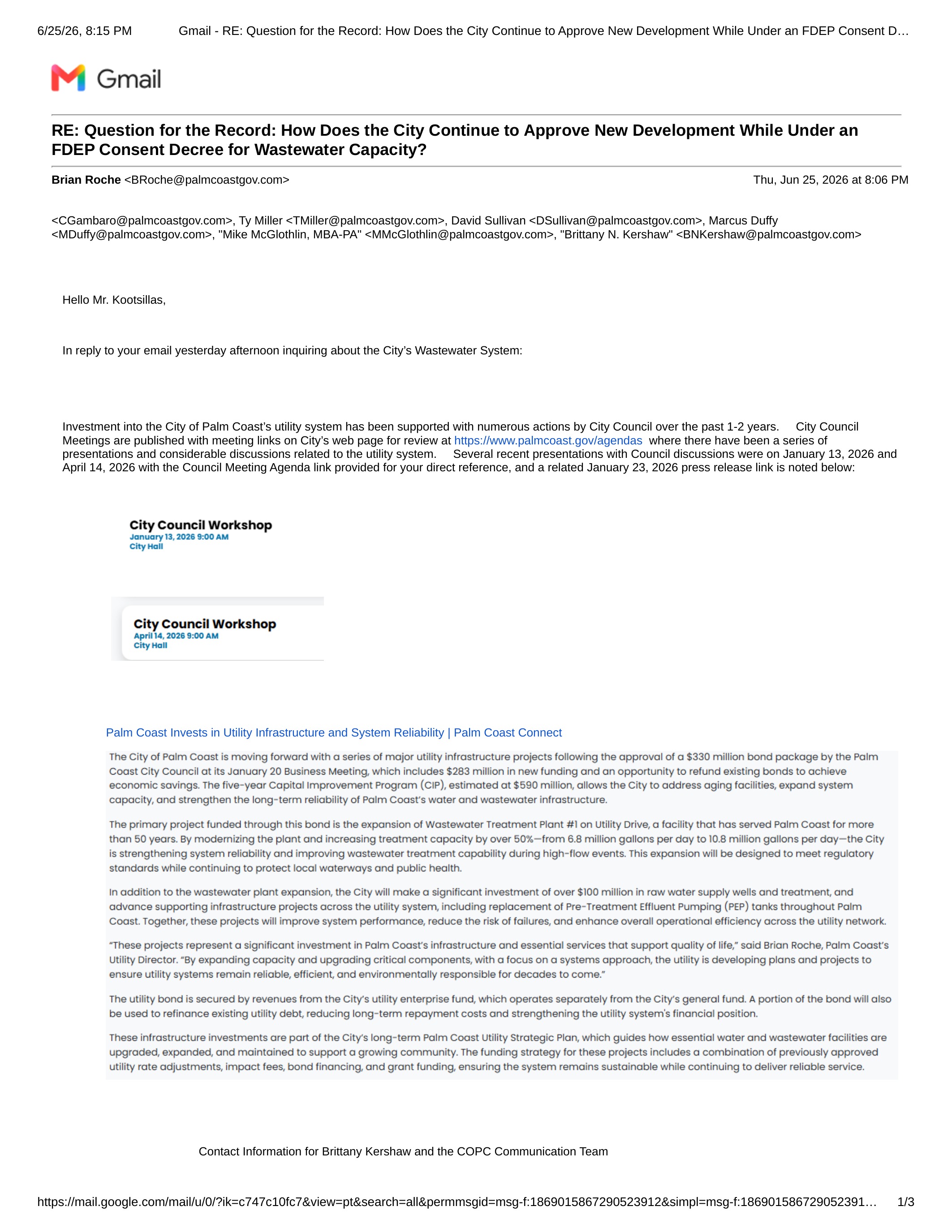 City of Palm Coast response from Utility Director Brian Roche, June 25, 2026