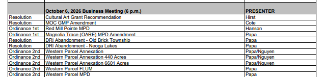 October 6, 2026 Business Meeting calendar entries
