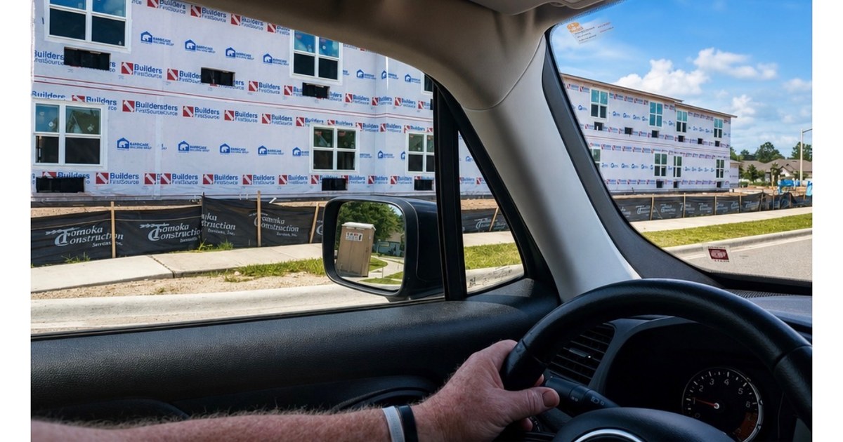 Close-up of apartment construction at American Village. Tomoka Construction Services fencing in foreground. June 2026.