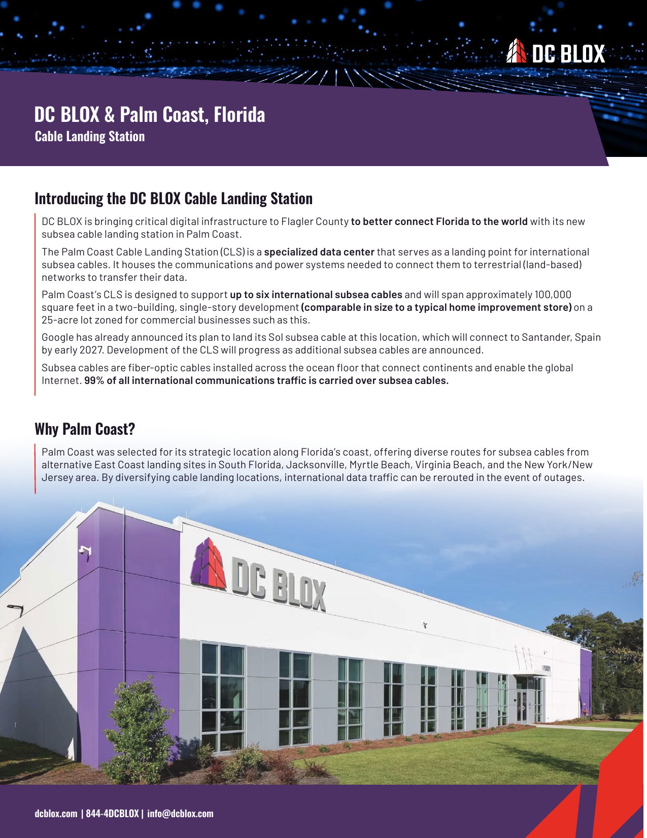 City of Palm Coast–distributed DC Blox fact sheet — 100,000 square feet, two buildings.